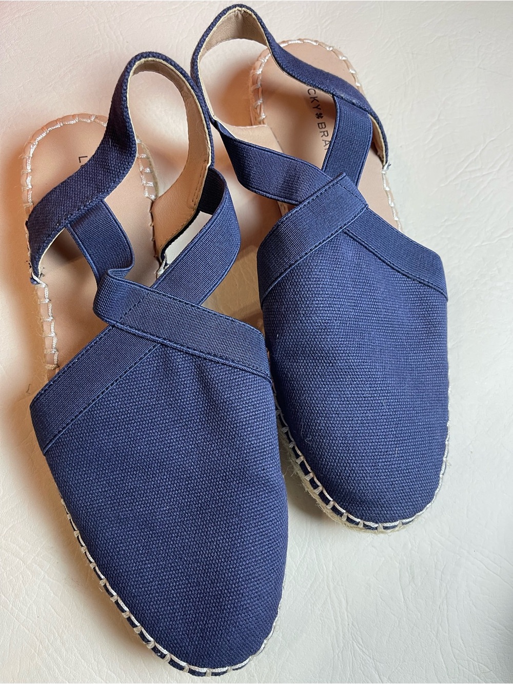 Lucky Brand RIFKA Canvas Navy Elastic Strap Espadrill Sling Back Sandals 7 1/2